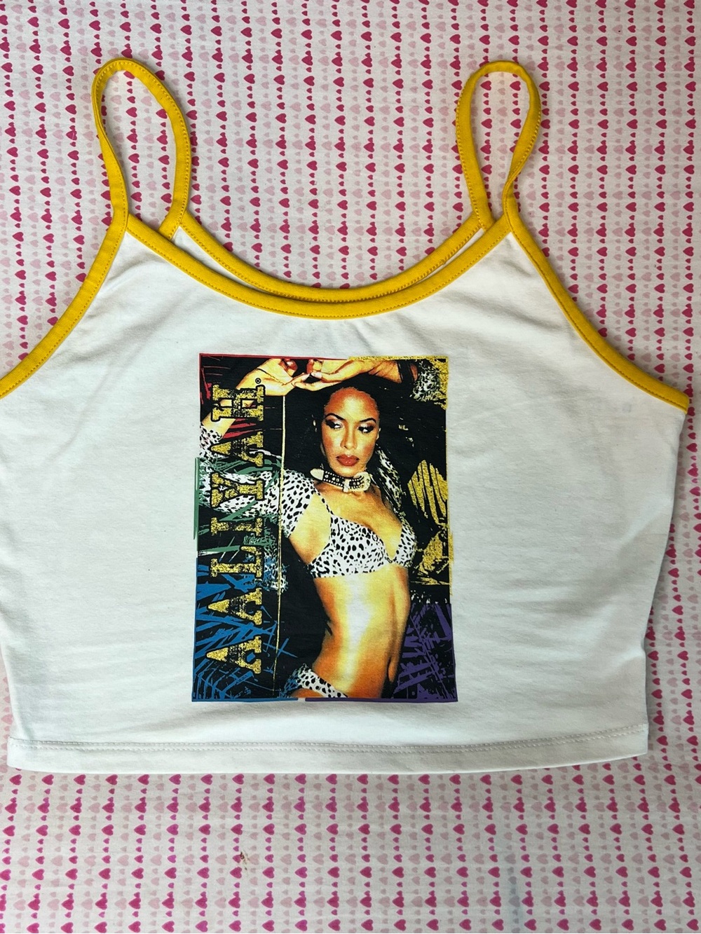 Women’s Yellow-Trim White Graphic Cropped Camisole